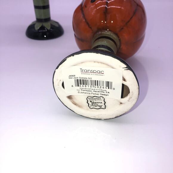 Johanna Parker Transpac Set Of 2 Jack O Lantern Pumpkin Goblets Halloween New - Picture 7 of 8